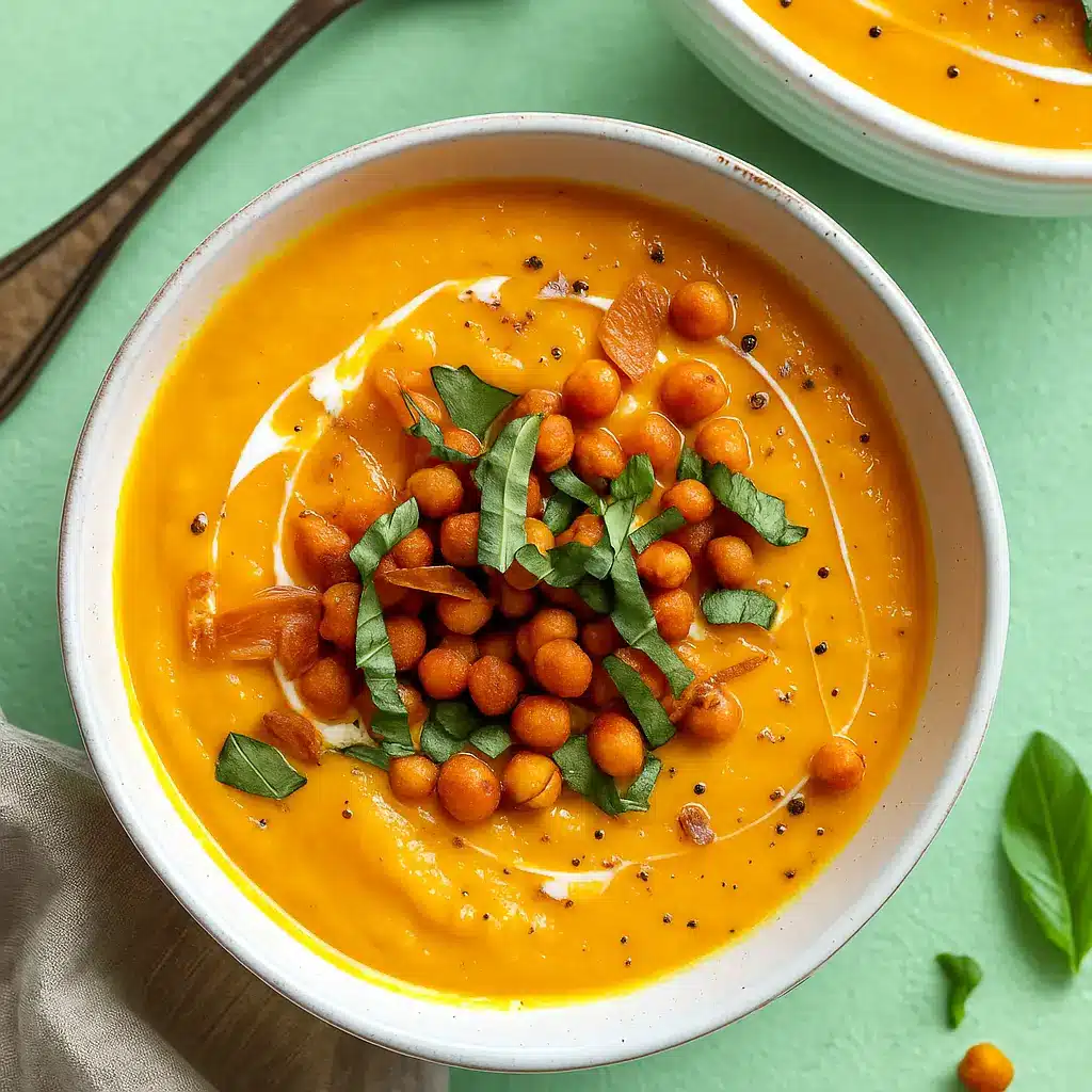 Easy Sweet Potato Curry Soup in bowl with chickpea topping