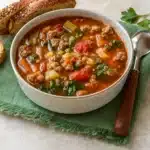 Easy vegetable beef soup with vegetables and crusty bread