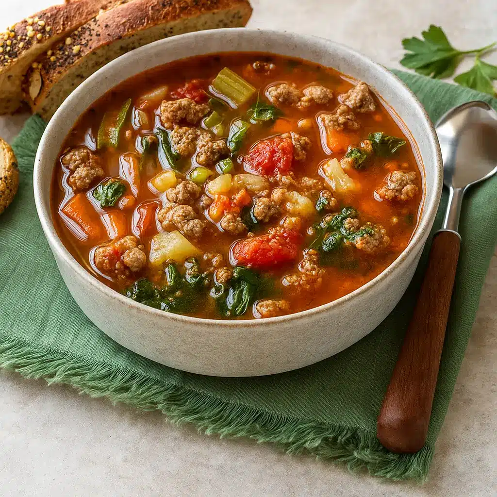 Easy vegetable beef soup with vegetables and crusty bread
