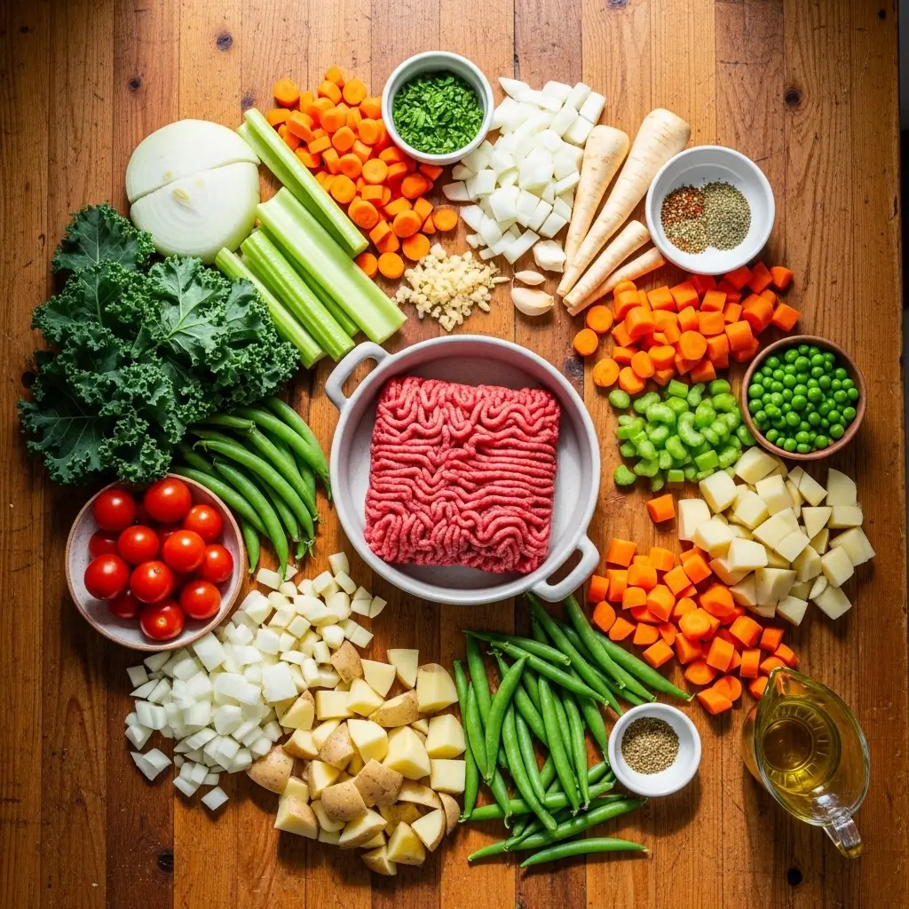 Easy vegetable beef soup ingredients on wooden counter