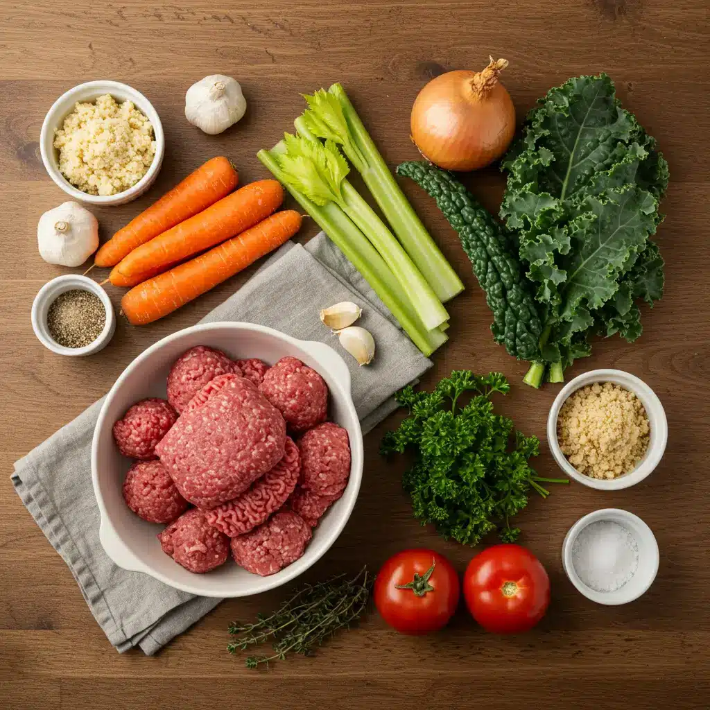 Fall Crockpot Meatball Soup ingredients on rustic countertop