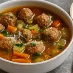 Fall Crockpot Meatball Soup served in a bowl on rustic table