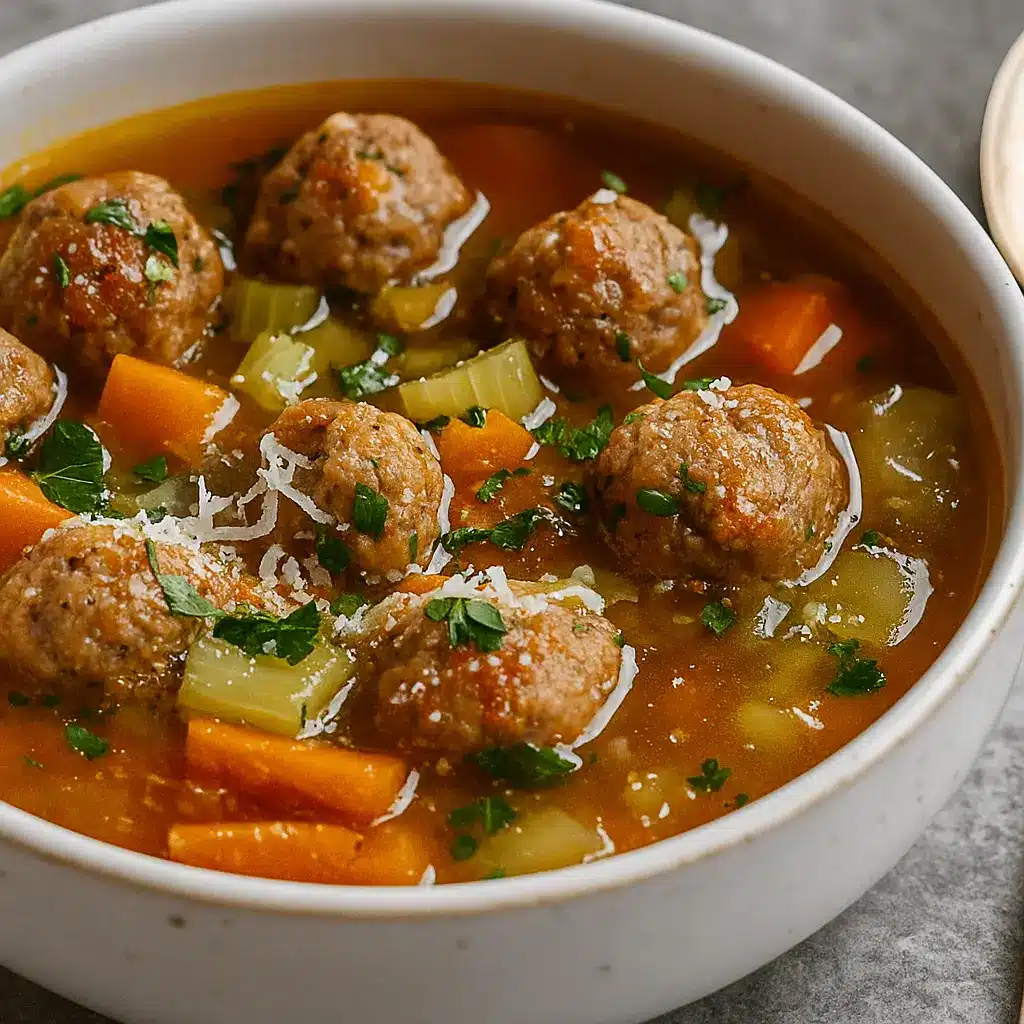 Fall Crockpot Meatball Soup served in a bowl on rustic table