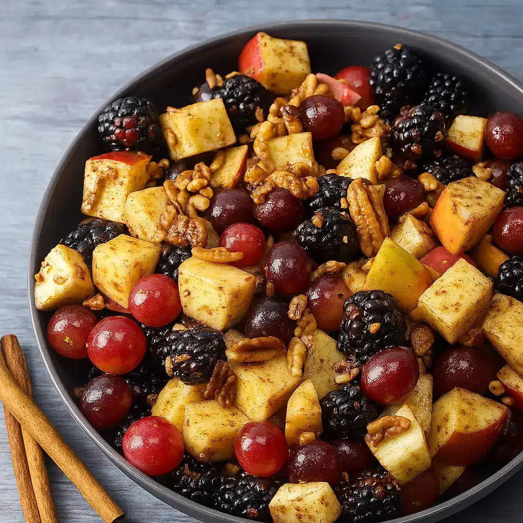Fall fruit salad in glass bowl with cinnamon dressing