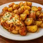 Garlic Parmesan Chicken and Potatoes Recipe in rustic kitchen