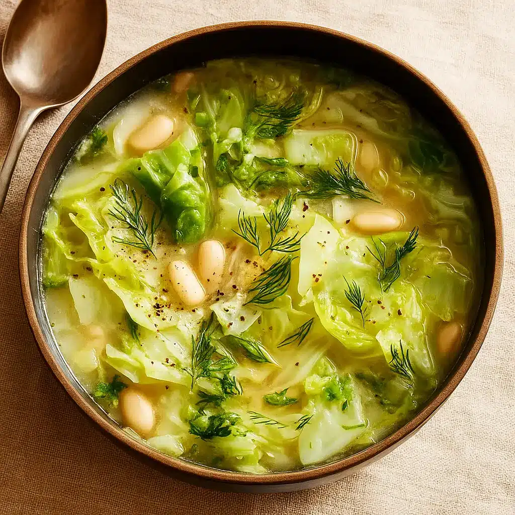 Garlicky Cabbage Soup in a rustic bowl with Parmesan