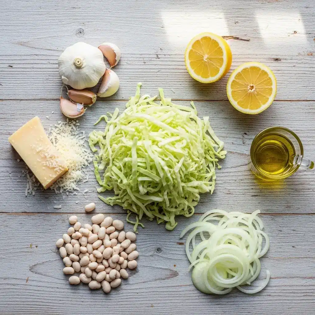 Ingredients for garlicky cabbage soup laid out on counter