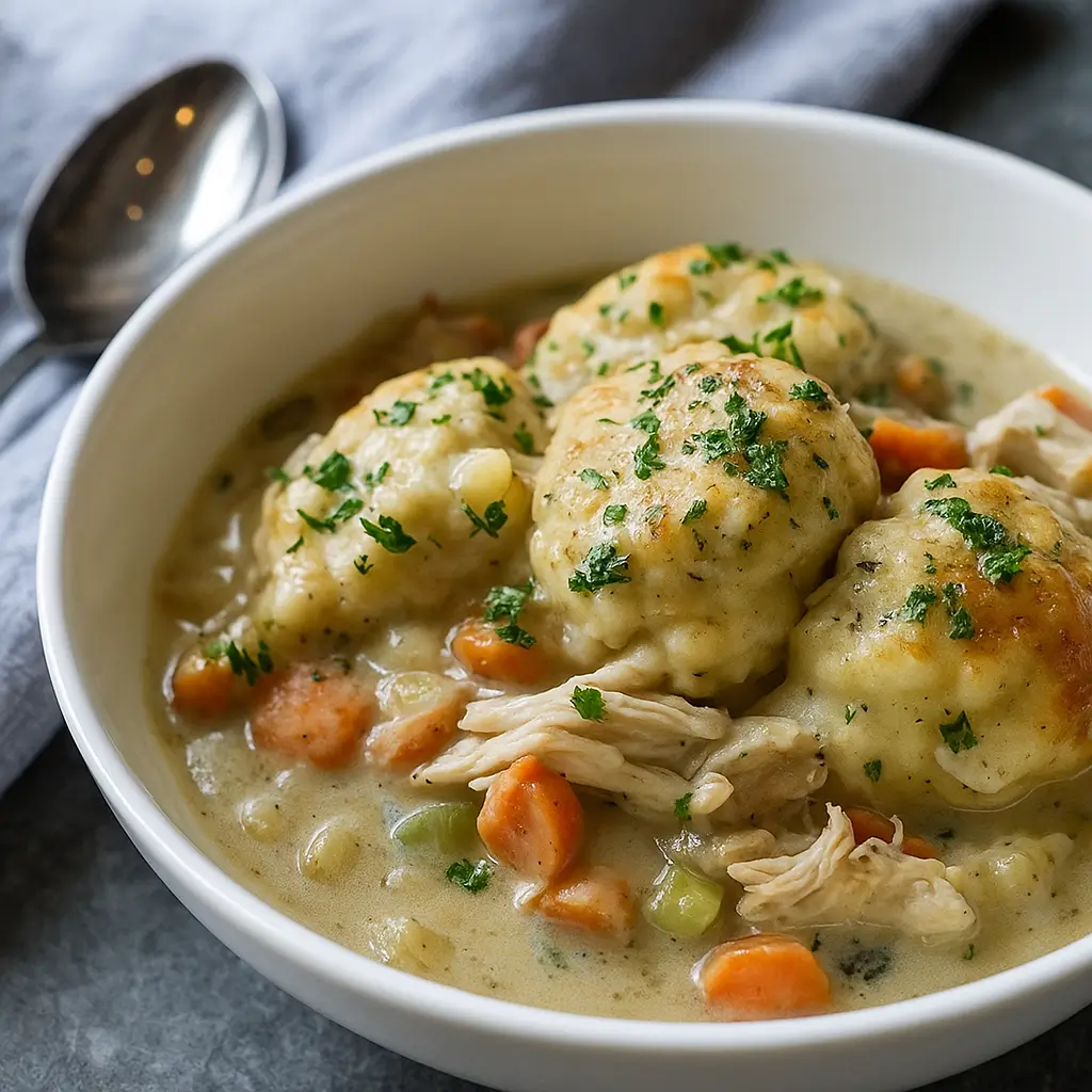 Gluten Free Chicken and Dumplings Recipe served in rustic bowl