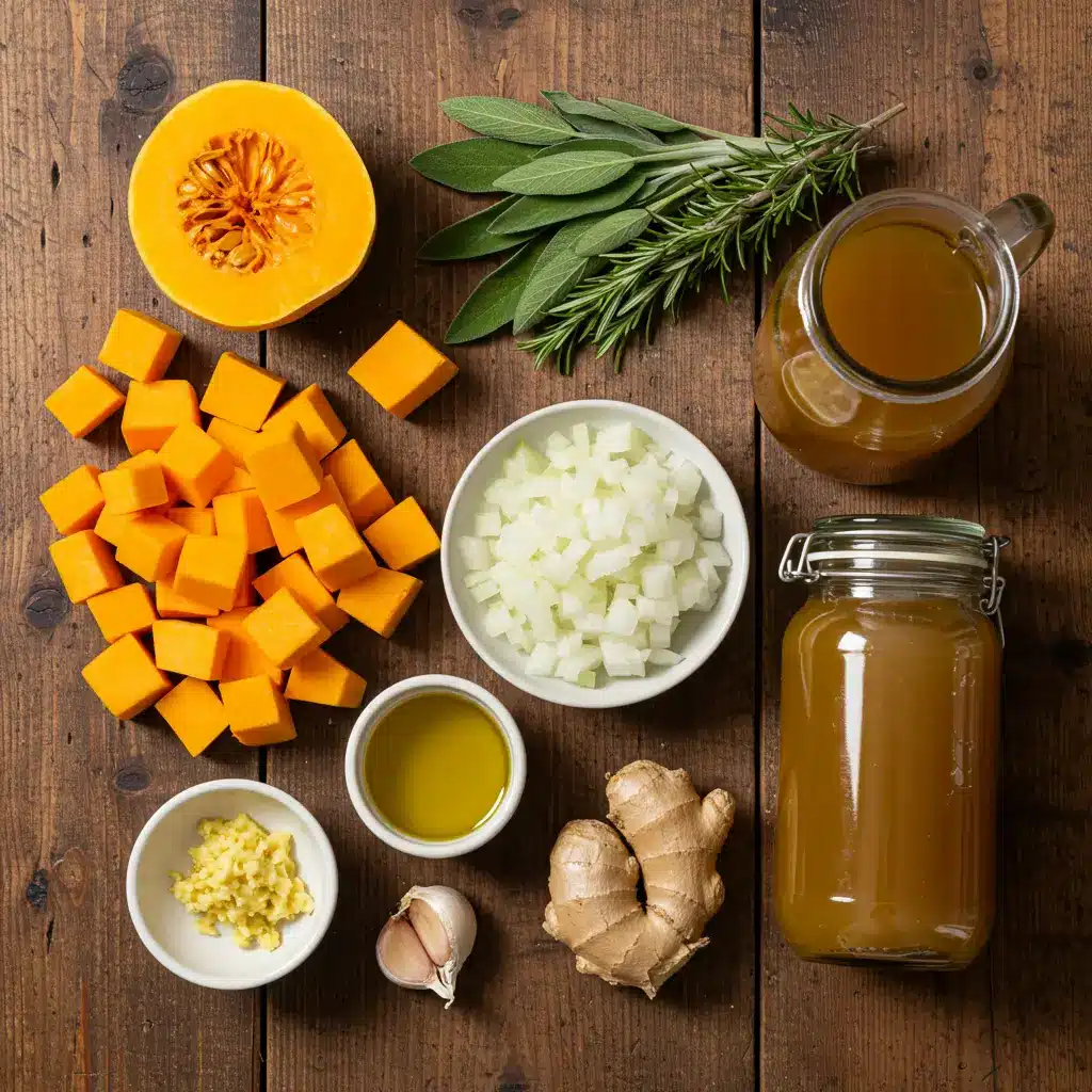 Gordon Ramsay Butternut Squash Soup Recipe ingredients laid out on wooden board