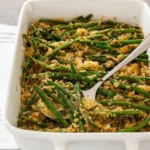 Green Bean Casserole in baking dish with crispy topping