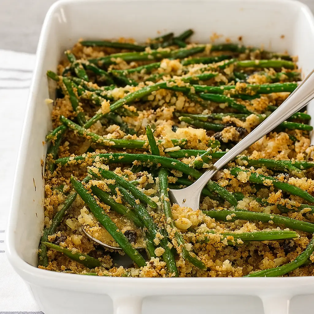 Green Bean Casserole in baking dish with crispy topping