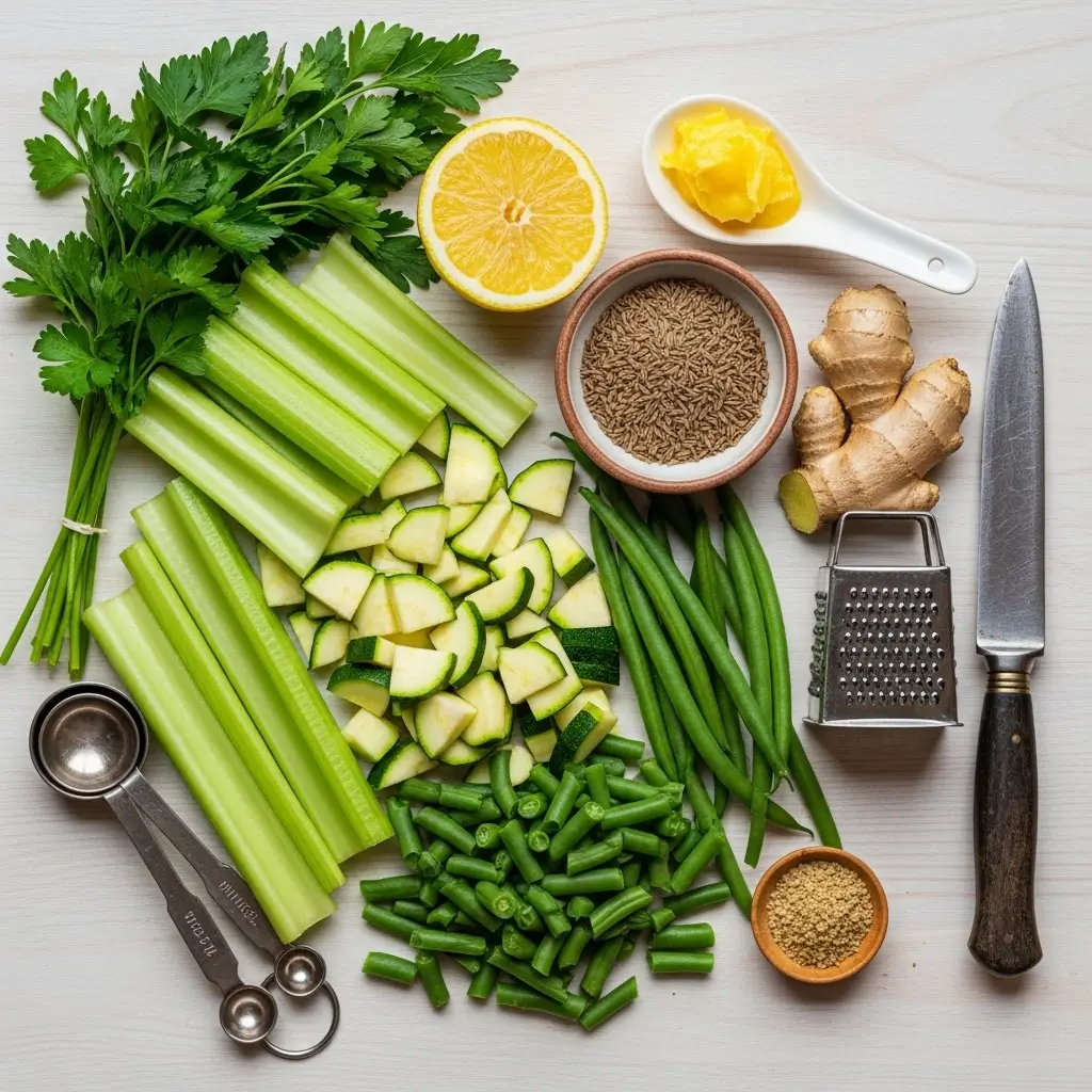 Ingredients for green detox soup laid out on a table