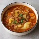Ground Beef and Savory Cabbage Soup in rustic bowl