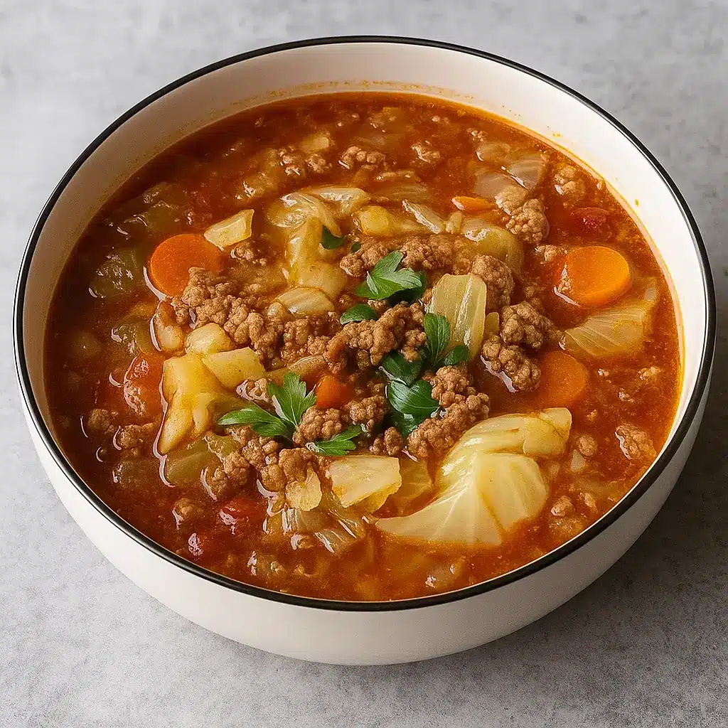 Ground Beef and Savory Cabbage Soup in rustic bowl