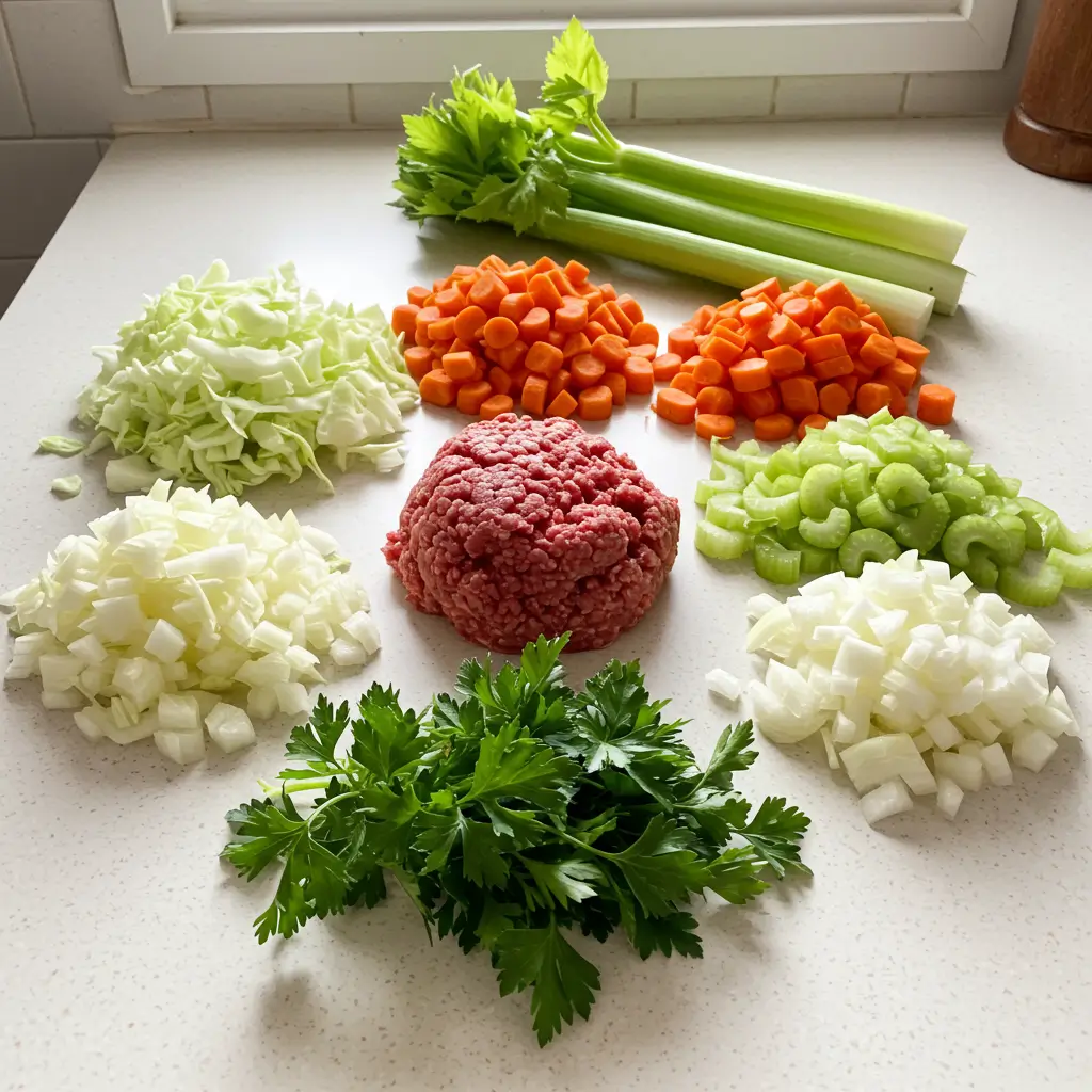 Ingredients for Ground Beef and Savory Cabbage Soup