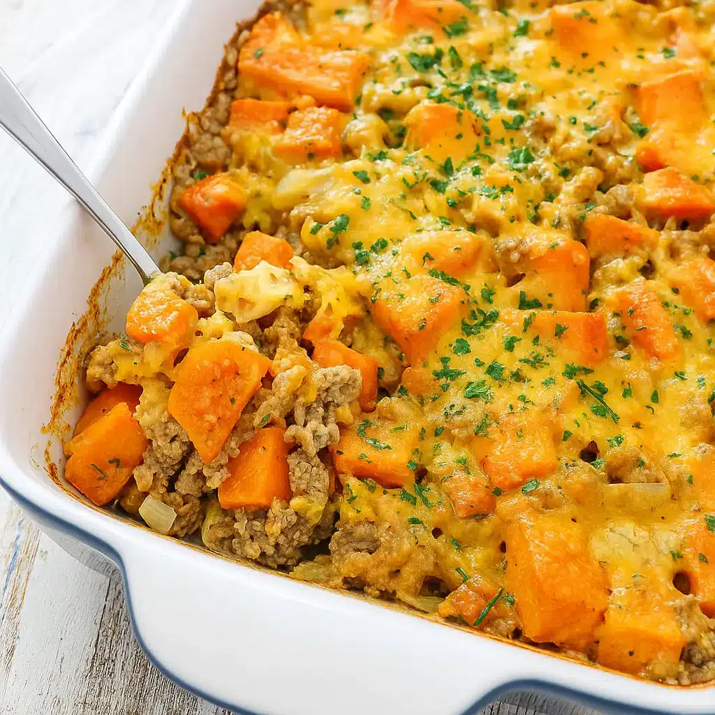 Ground Turkey and Sweet Potato Casserole in white baking dish