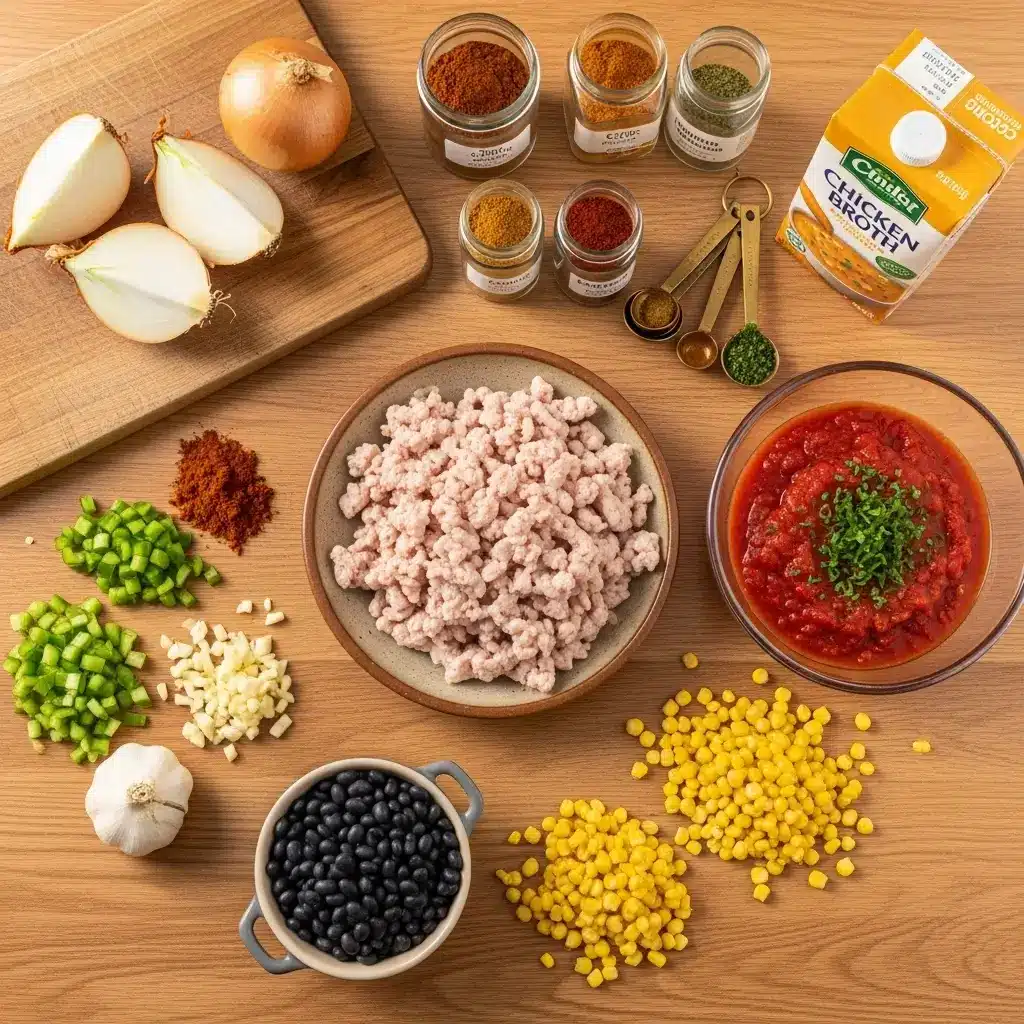 Ground Turkey Taco Soup ingredients laid out flat