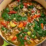 Ground Turkey Vegetable Soup with Rice in bowl with bread
