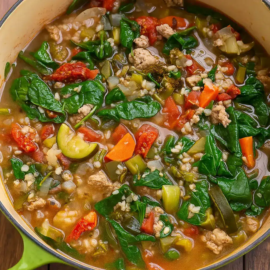 Ground Turkey Vegetable Soup with Rice in bowl with bread