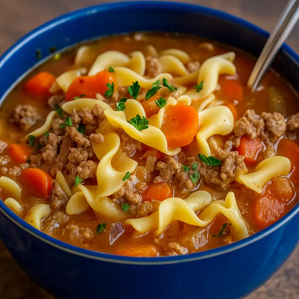 Hamburger Noodle Soup served hot in a rustic bowl