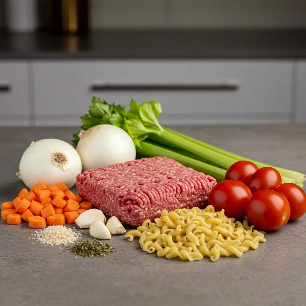 Fresh ingredients for Hamburger Noodle Soup recipe