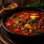 Hamburger Vegetable Beef Soup served in a bowl