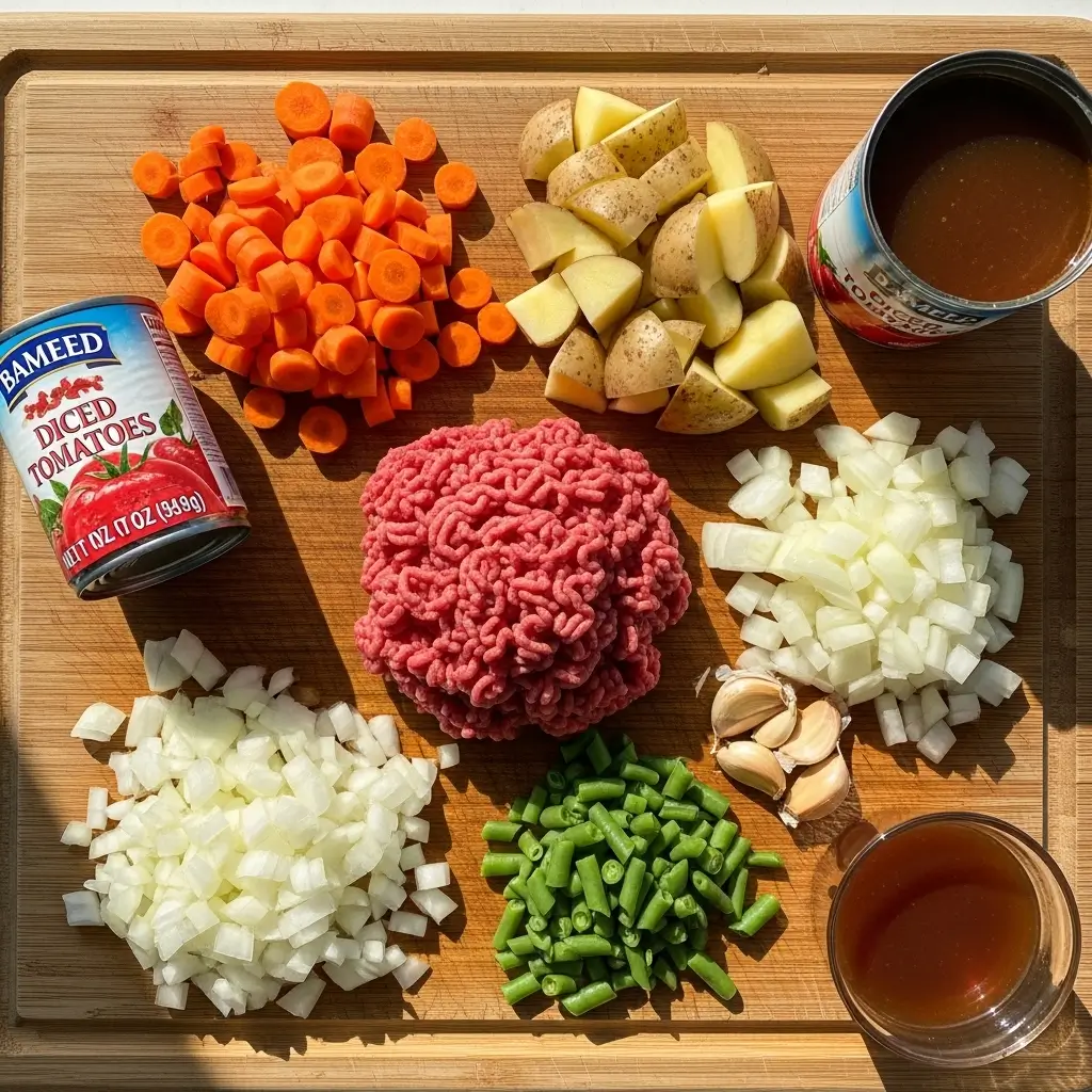Ingredients for Hamburger Vegetable Beef Soup laid out