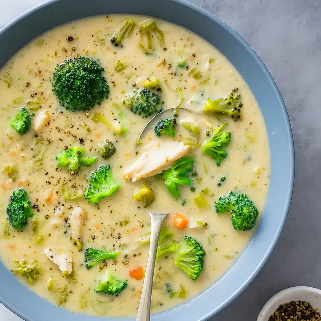 healthy chicken broccoli soup in rustic bowl