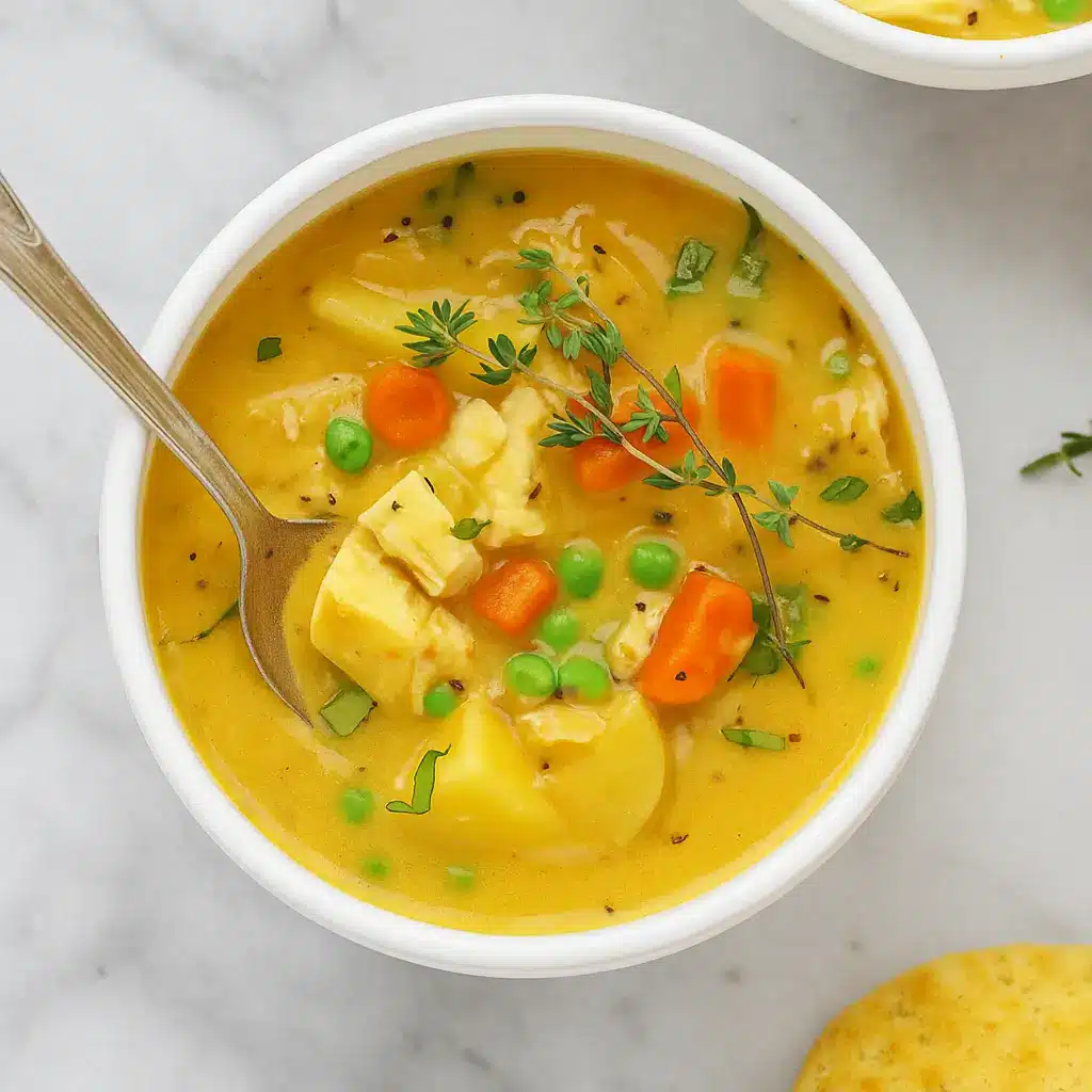 Healthy Chicken Pot Pie Soup in rustic bowl