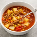 Healthy Ground Beef Vegetable Soup in a bowl with fresh ingredients