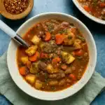 Healthy Potato Carrot Tomato Soup served hot in a rustic bowl