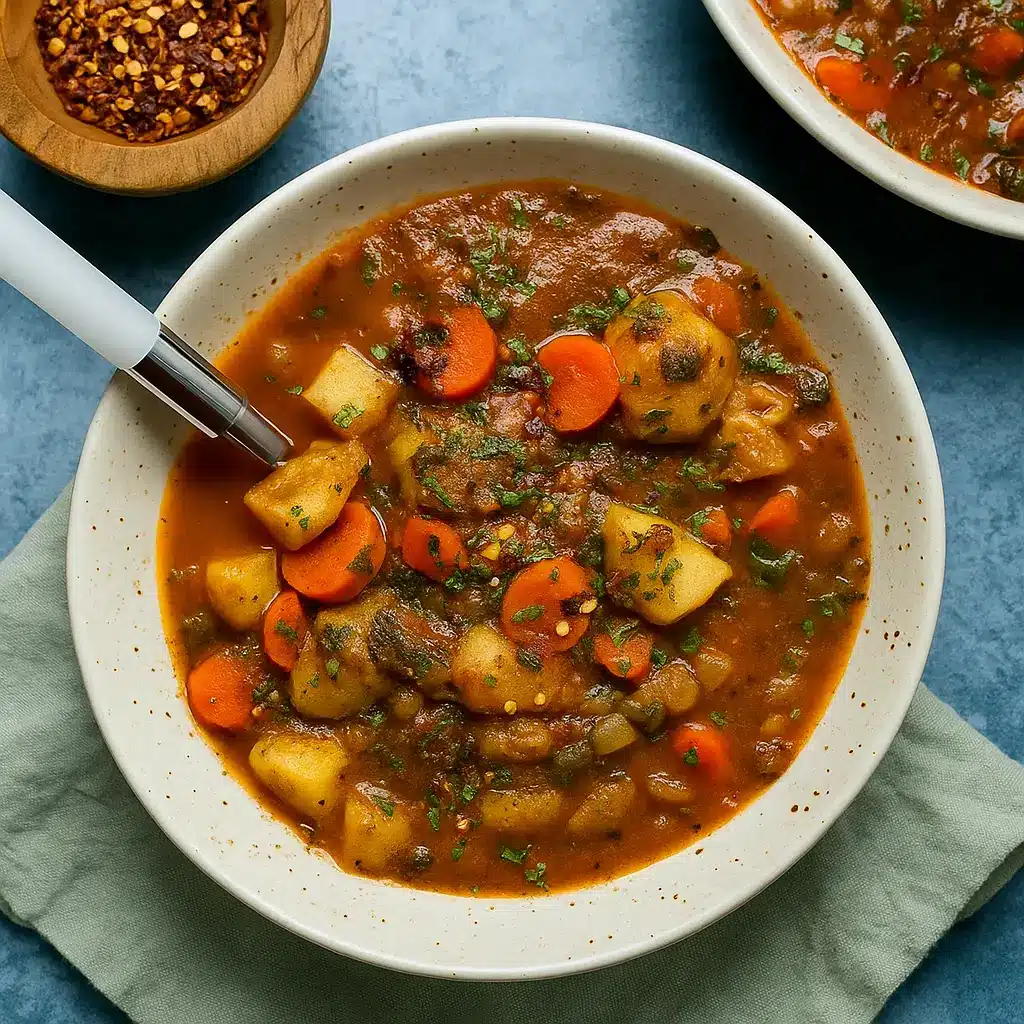 Healthy Potato Carrot Tomato Soup served hot in a rustic bowl