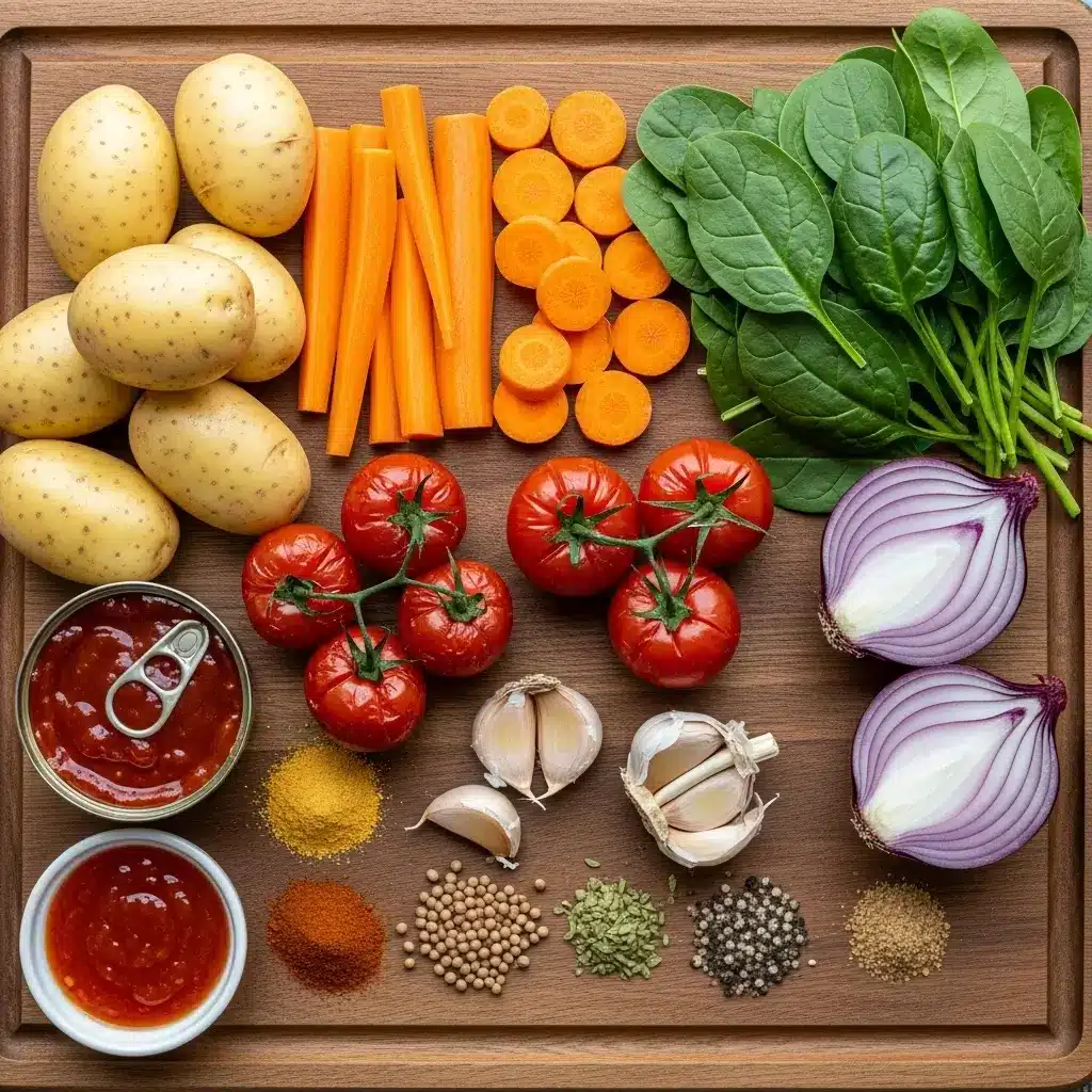 Ingredients for Healthy Potato Carrot Tomato Soup on wooden board