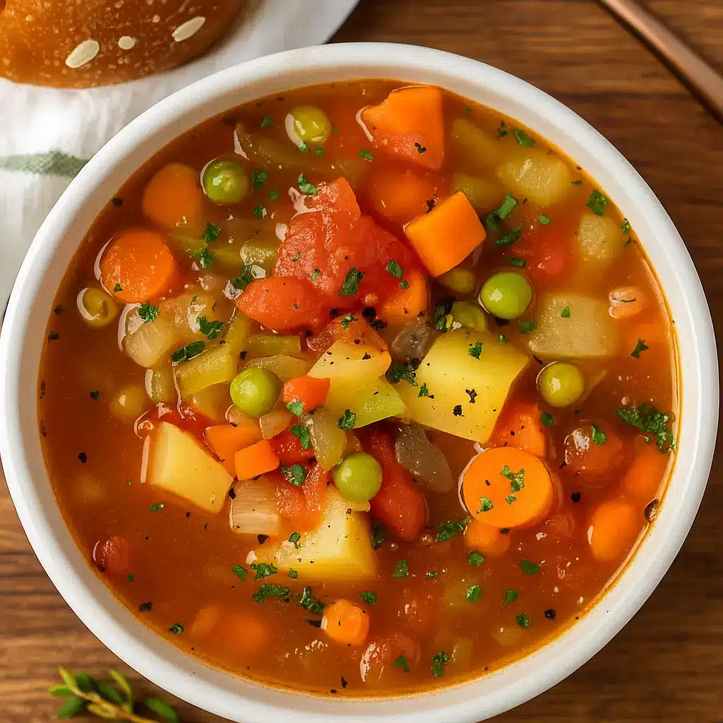 Healthy Slow Cooker Vegetable Soup in a cozy rustic setting