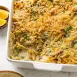 Healthy tuna noodle casserole baked with cheese and crispy topping