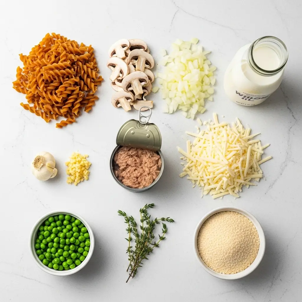 Ingredients for healthy tuna noodle casserole laid out