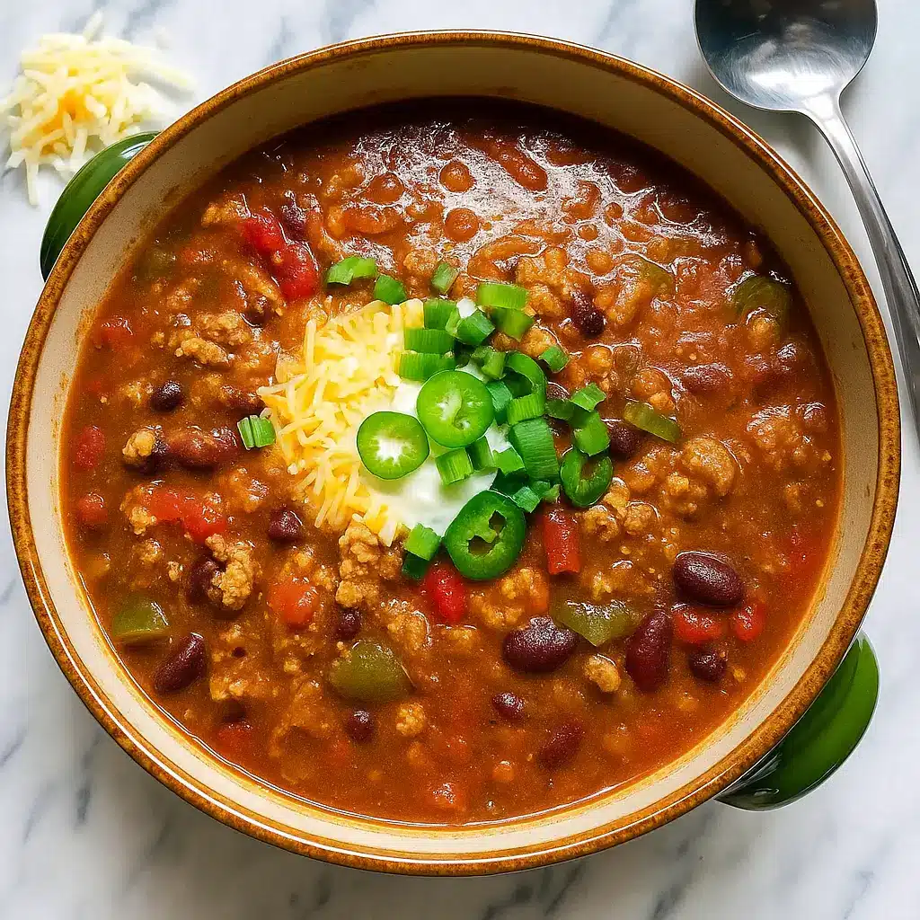 Hearty bowl of Healthy Turkey Chili with toppings