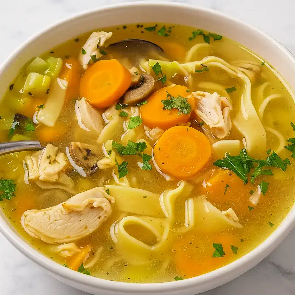 healthy turkey noodle soup in bowl with vegetables