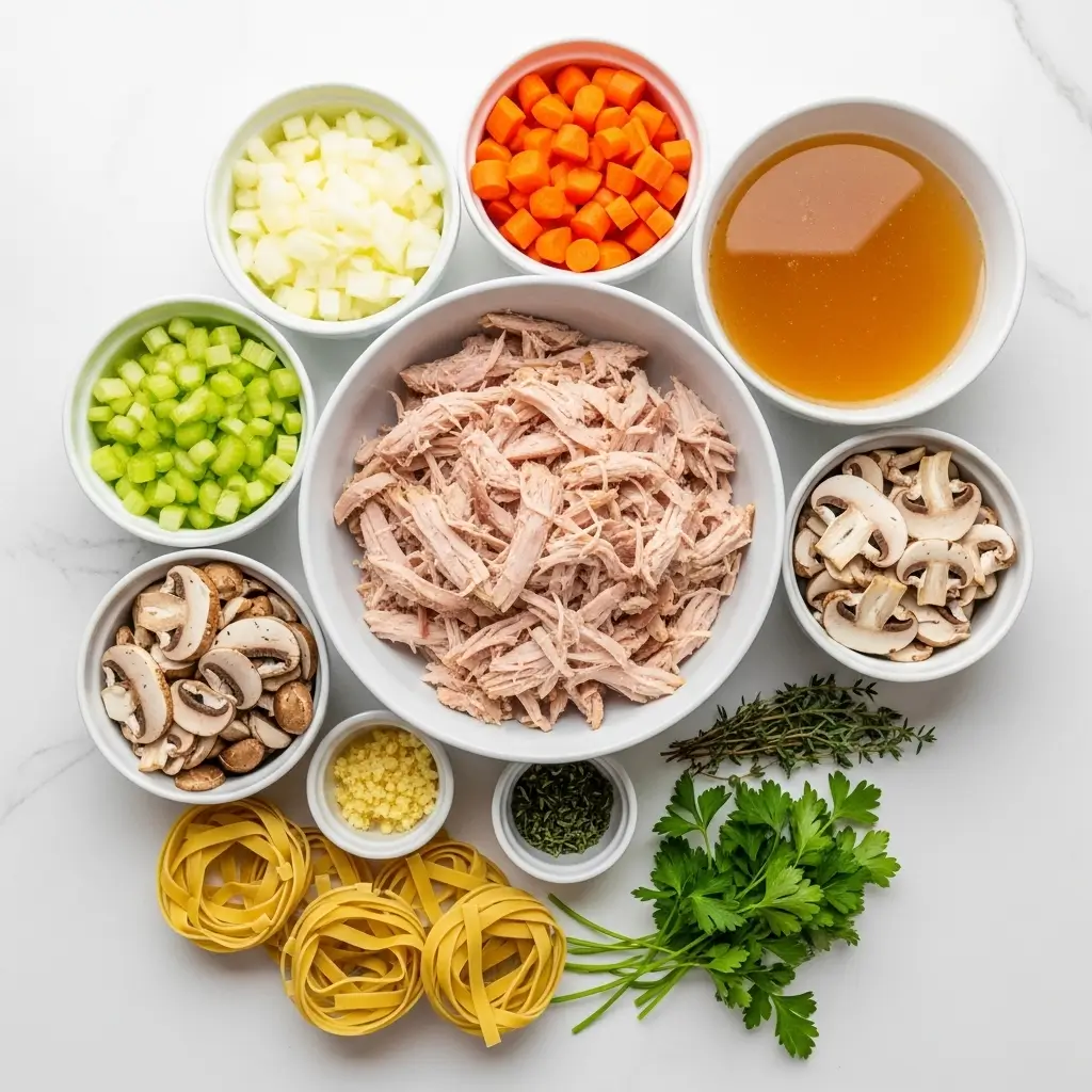 ingredients for healthy turkey noodle soup laid out