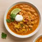 Healthy Turkey White Bean Chili in a rustic bowl with toppings