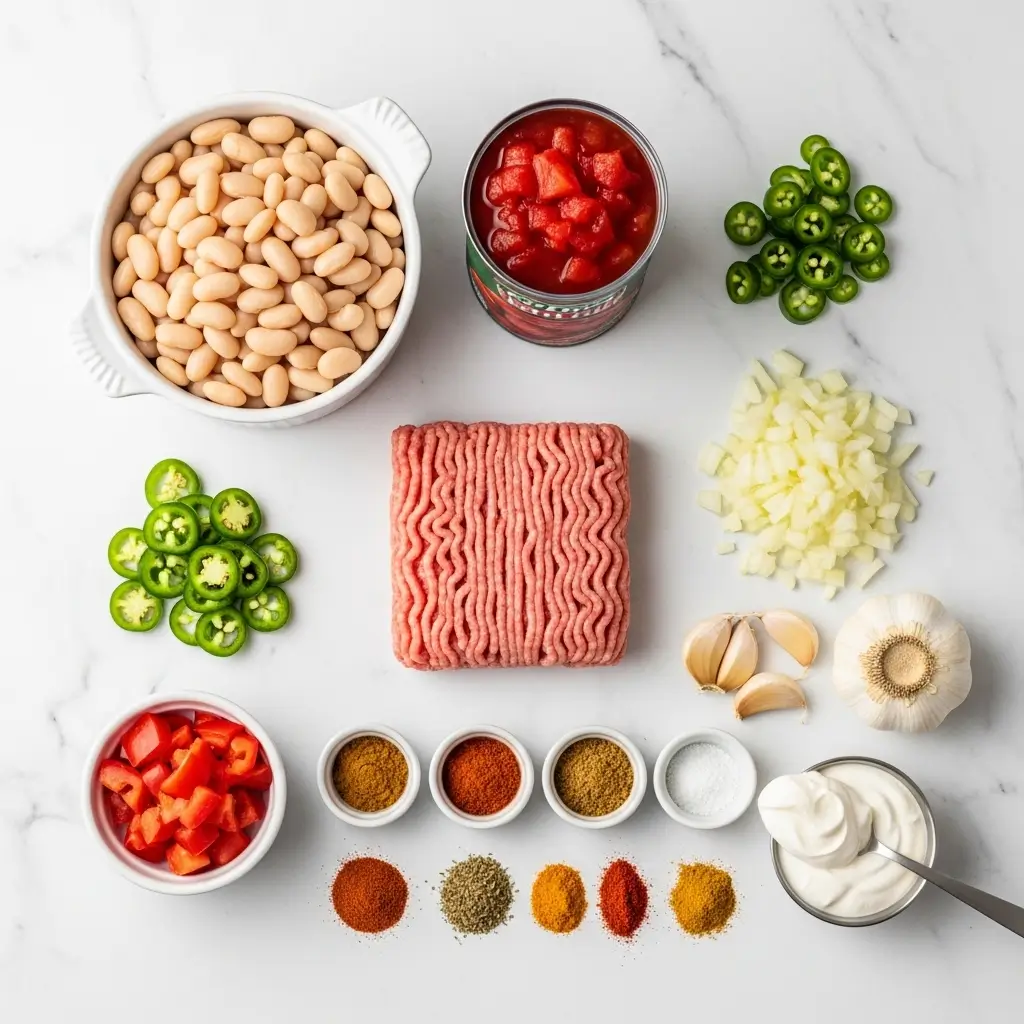 Ingredients for Healthy Turkey White Bean Chili on marble surface