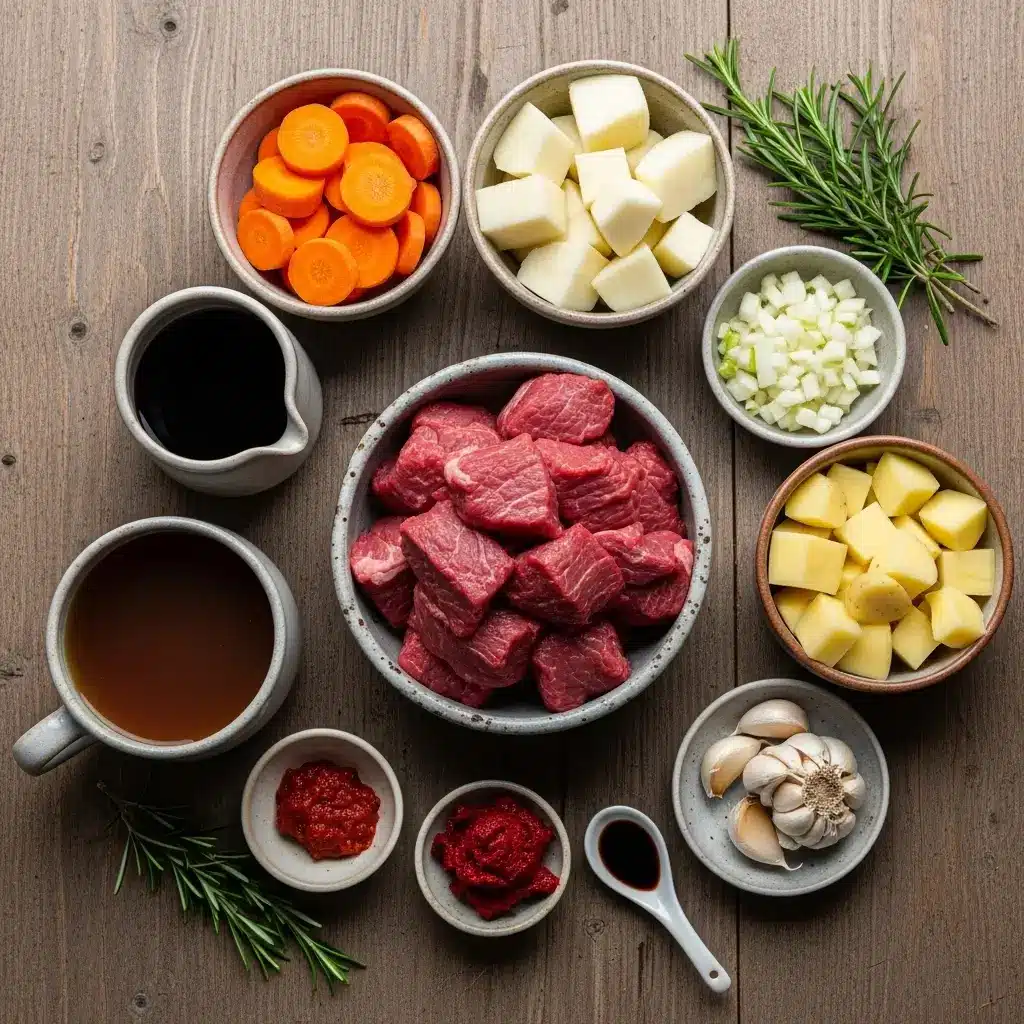 crockpot beef stew ingredients flat lay