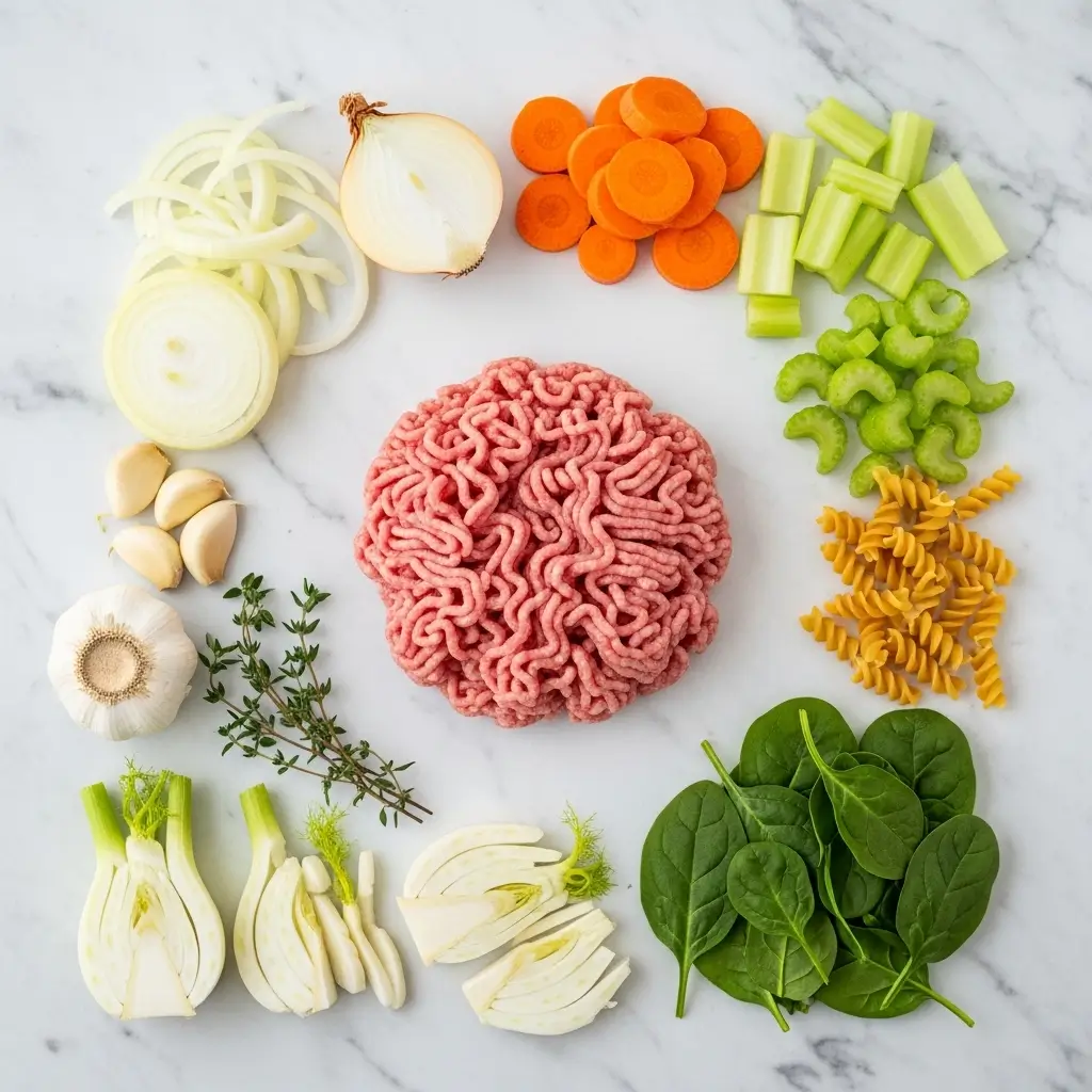 Ingredients for Hearty Ground Turkey Soup on marble counter
