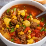 Hearty Hamburger Soup in a rustic bowl