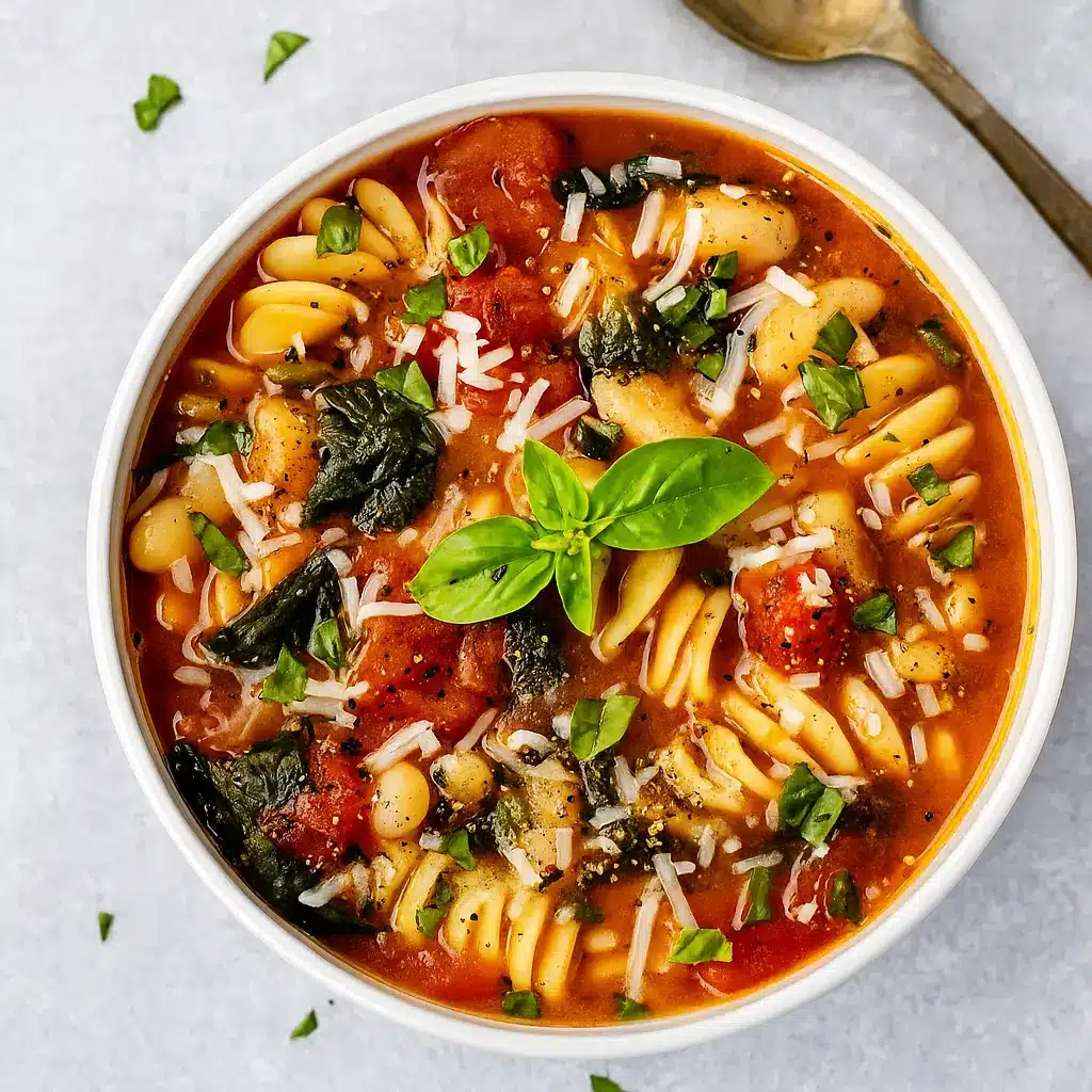 Hearty Italian White Bean Soup with Pasta served in a white bowl