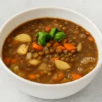 Hearty Lentil and Potato Soup in a rustic bowl