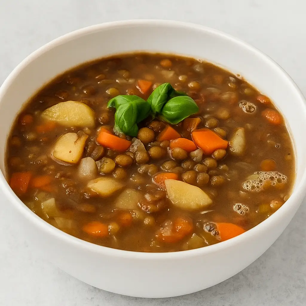 Hearty Lentil and Potato Soup in a rustic bowl