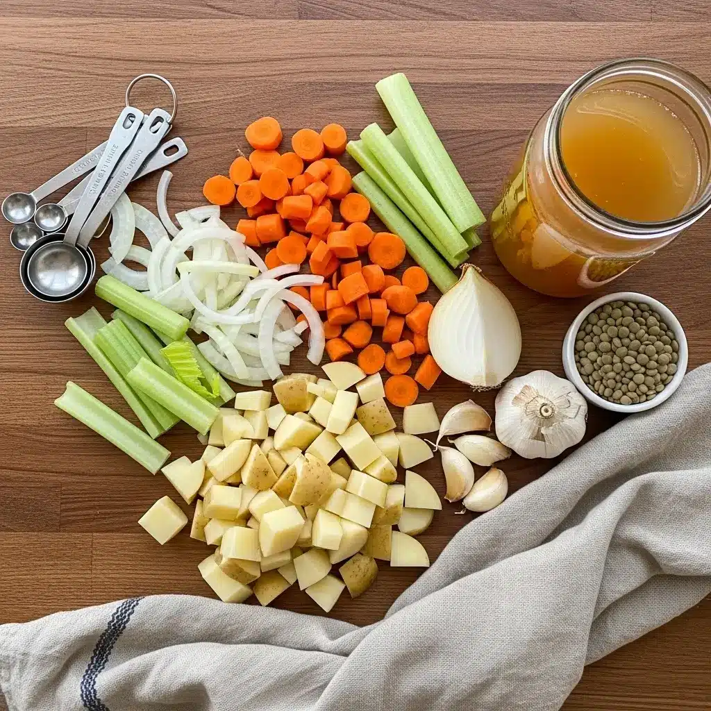 Ingredients for hearty lentil and potato soup