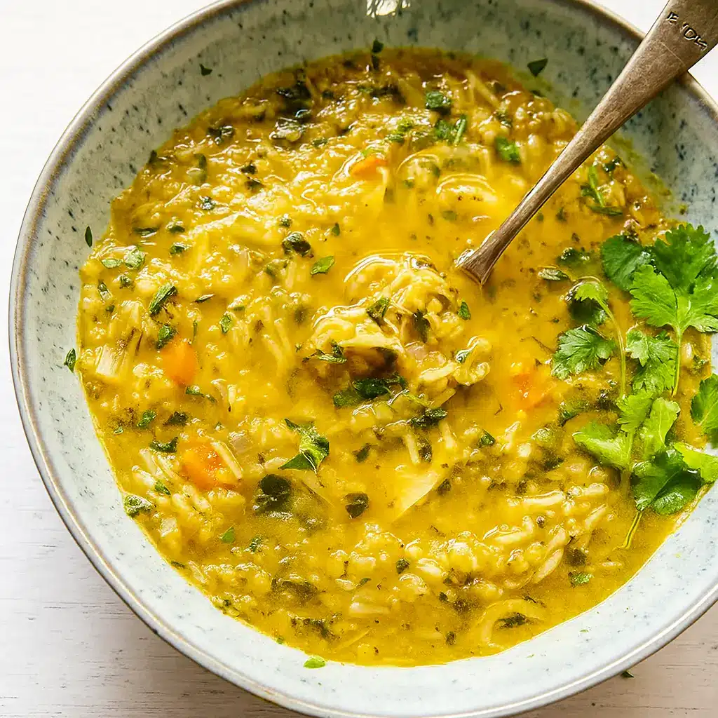 Hearty Mulligatawny Soup in a bowl with chicken, rice, and curry