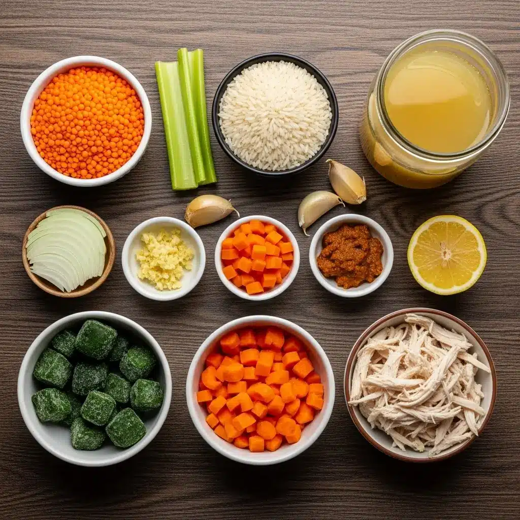 Ingredients for Hearty Mulligatawny Soup laid out on a wooden table